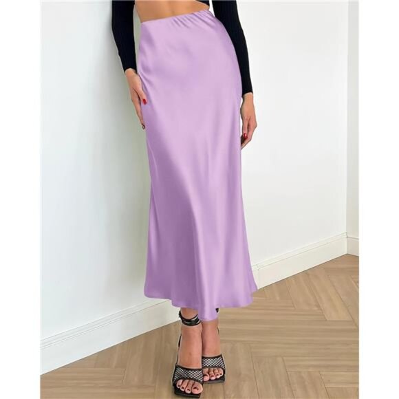 Womens Long Satin Skirt Elegant Violet - Picture 2 of 6